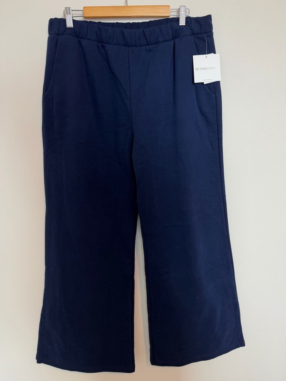 Beyond Yoga Navy Wide-Leg Sweatpants side slit at bottom
